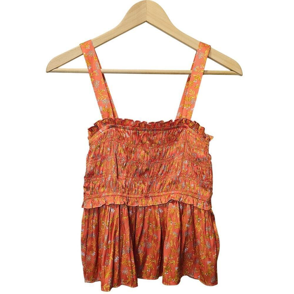 J. Crew Satin Floral Feartherweight Peplum Tank Coral Smocked Size Medium - Picture 2 of 10